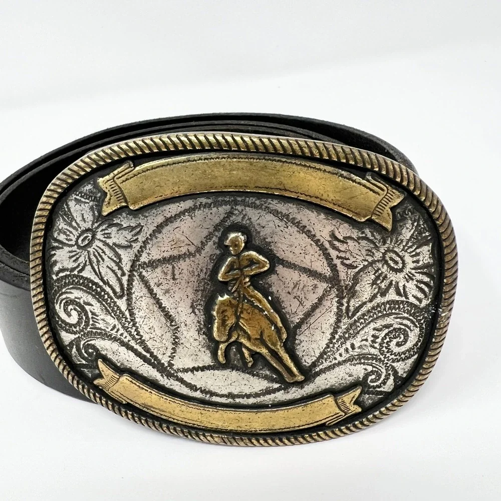 Vintage‎ Western Rodeo Bronco Rider Belt Buckle Two Tone Brass Cowboy Engraved